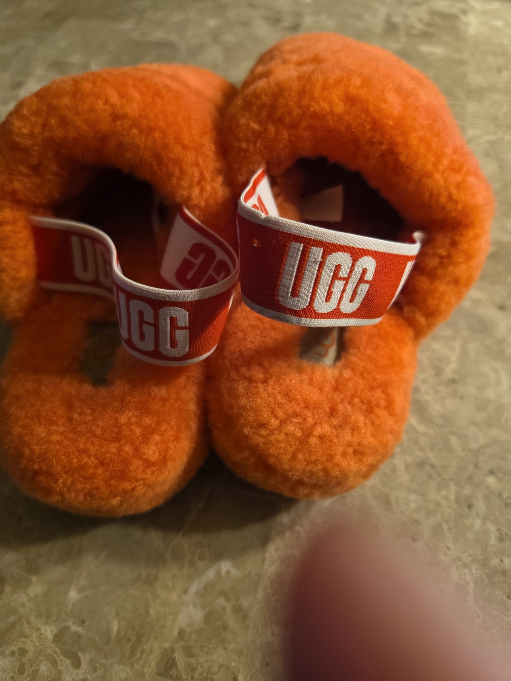 Plush Womens Slide Slippers in Bright Orange with Elastic Heel Strap - Picture 2 of 3